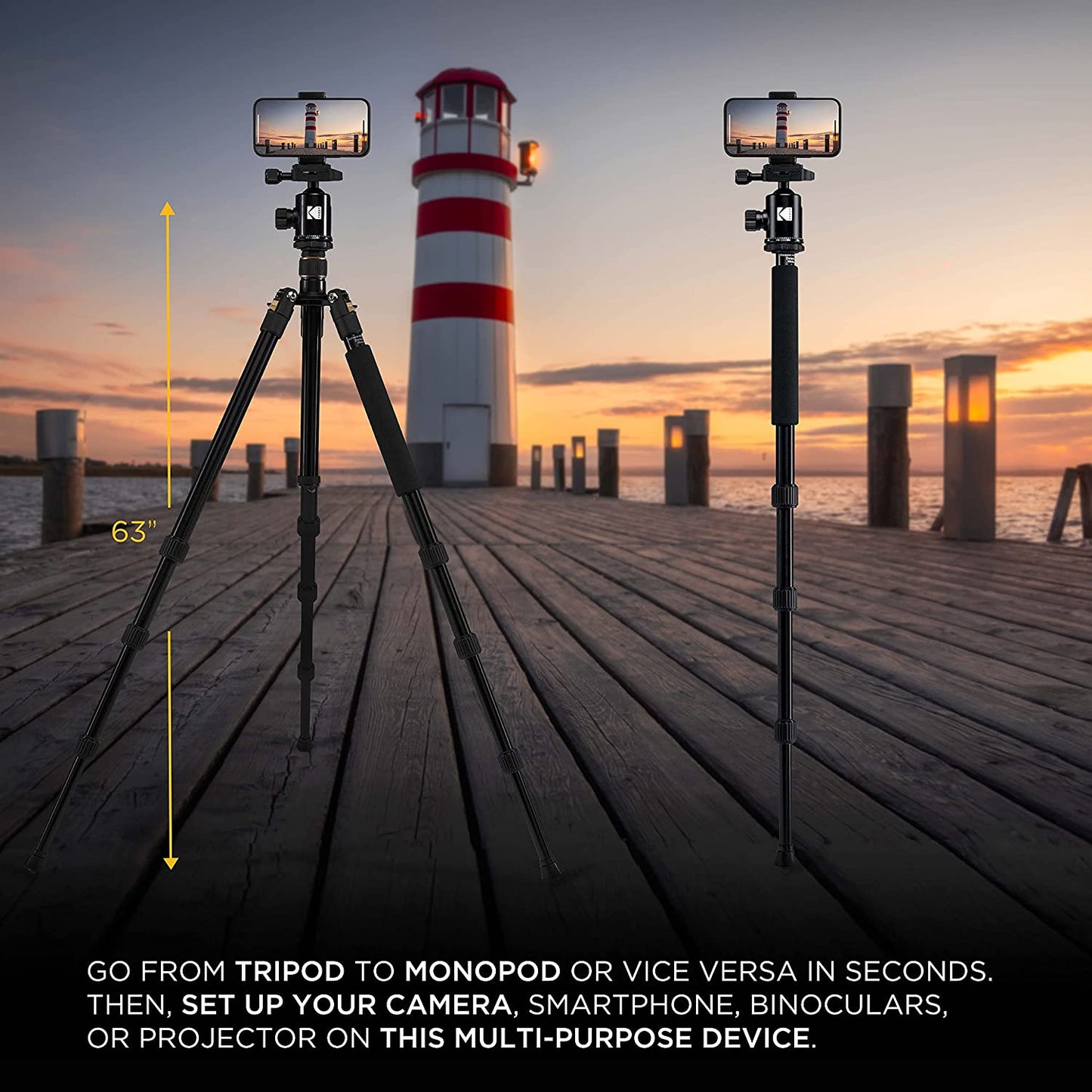 KODAK Photo Gear Premium Tripod + Monopod with 360° Ball Head 63ʺ/160 cm