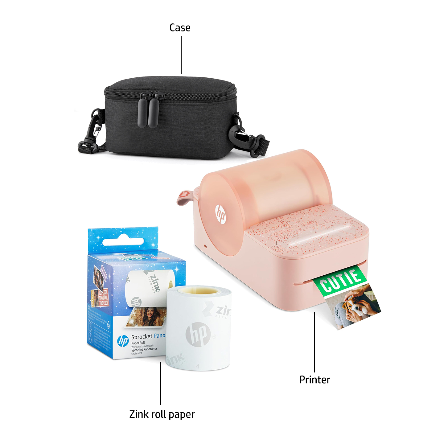HP Sprocket Panorama Instant Portable Color Label & Photo Printer (Pink) Starter Bundle with case and HP Zink roll Sprocket Printers