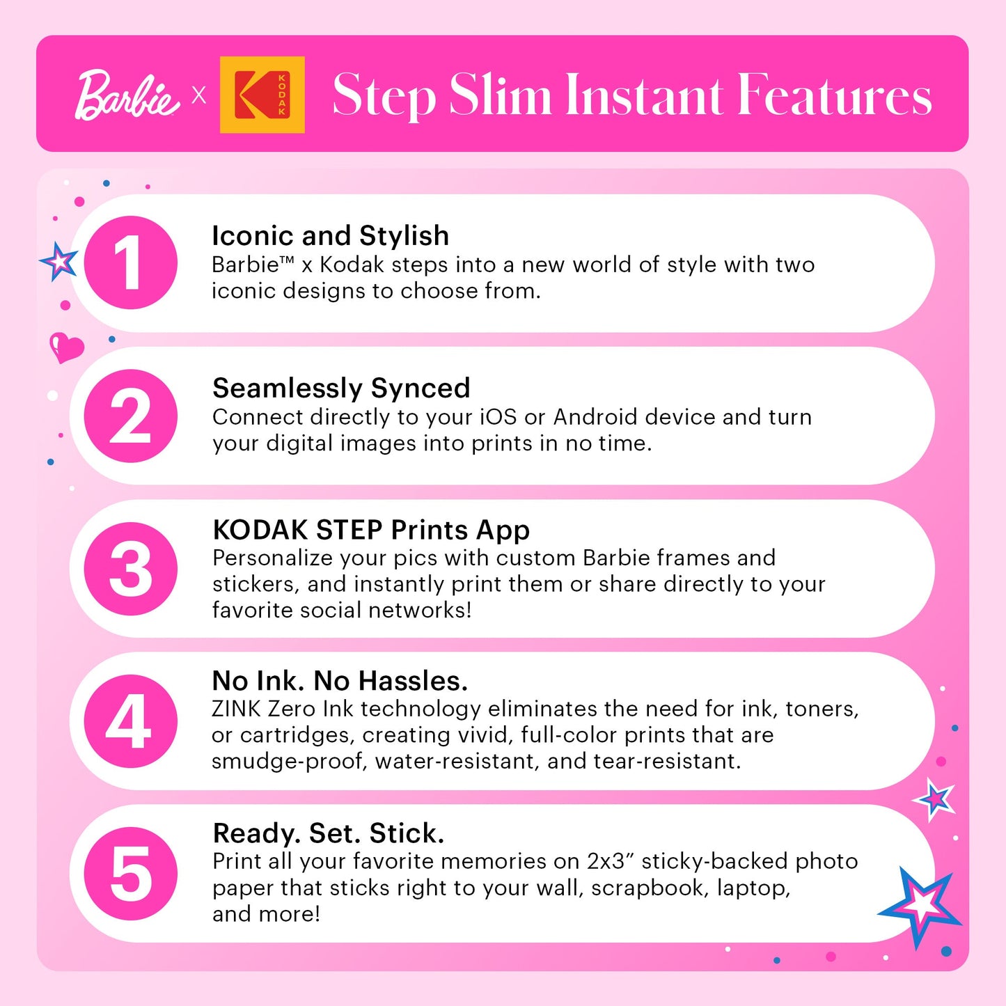 Barbie x Kodak Step Slim Wireless Instant Portable Photo Printer Signature Style